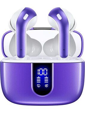 Phantom Purple Bluetooth Headphones True Wireless Earbuds LED Power Display Mic
